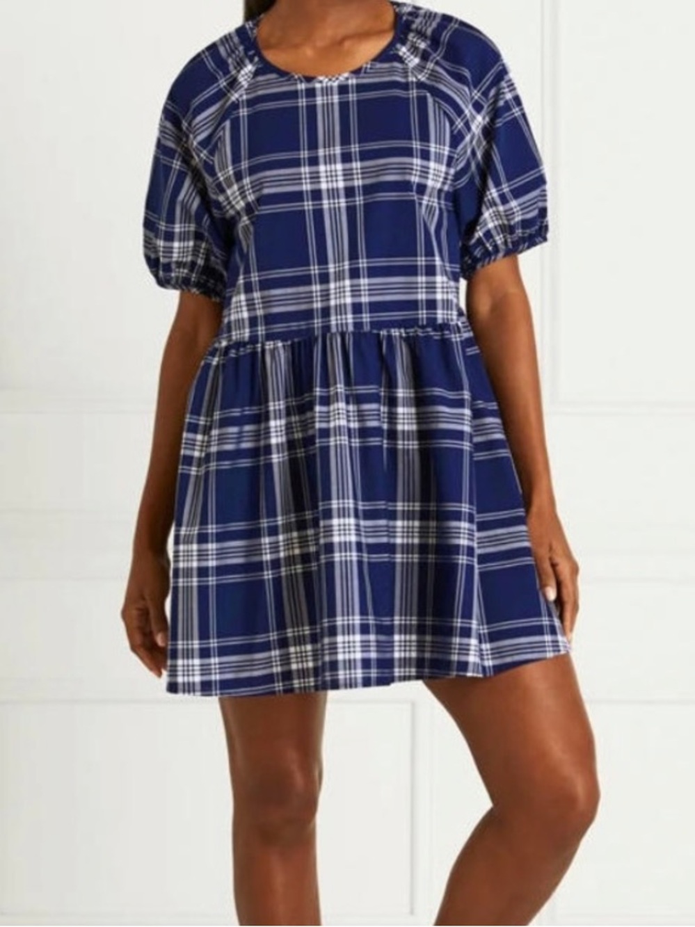 Hill House Blue & White Plaid Short-Sleeve Babydoll Dress